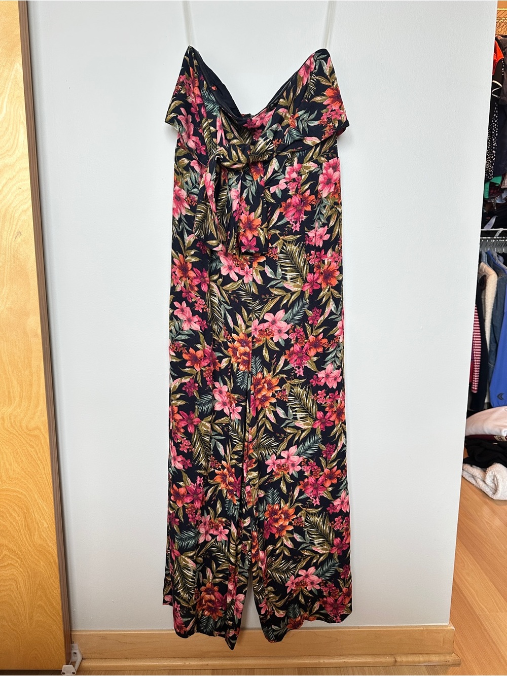American Eagle Outfitters Black Floral Strapless Jumpsuit with Pink & Green